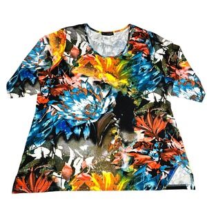 Ulla Popken Womens Floral Print Tunic Top Multicolor Short Sleeve Size 20/22